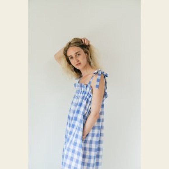 Stunning A Bronze Age Clementine Muumuu Sky Big Gingham Blue White Dress - Picture 3 of 6